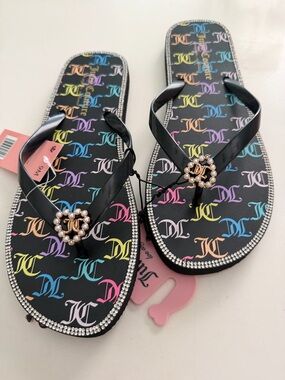 Juicy Couture Black Flip Flop Sandals with Multicolor Logo and Rhinestone Accent